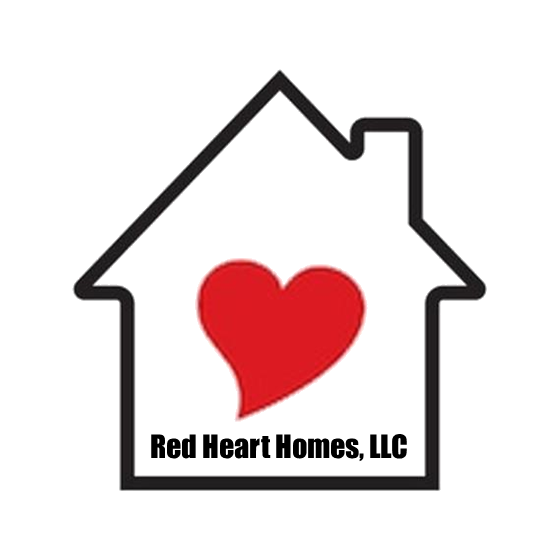 Outline of a house with a large red heart in the center, symbolizing home and love.