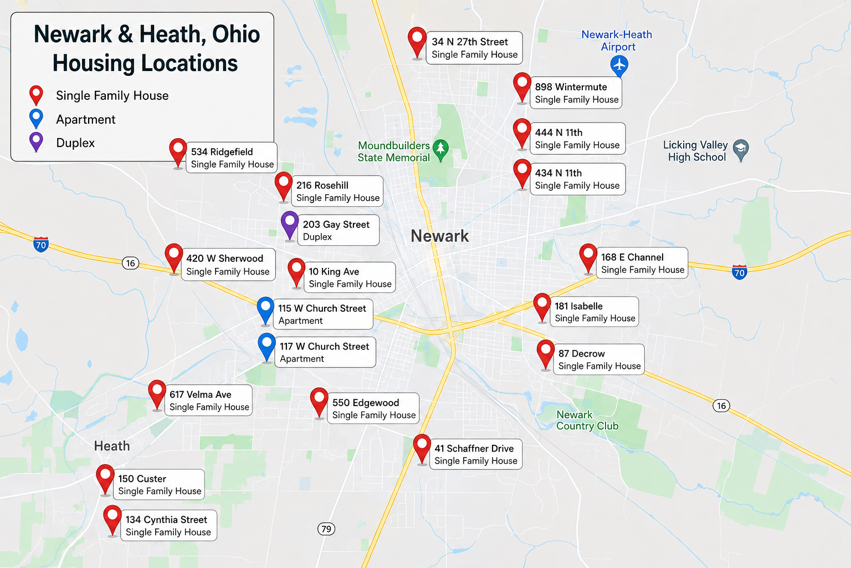 Map of Newark, Ohio, showing housing locations including single family houses, apartments, and a duplex, marked with red, blue, purple, and gray pins respectively.
