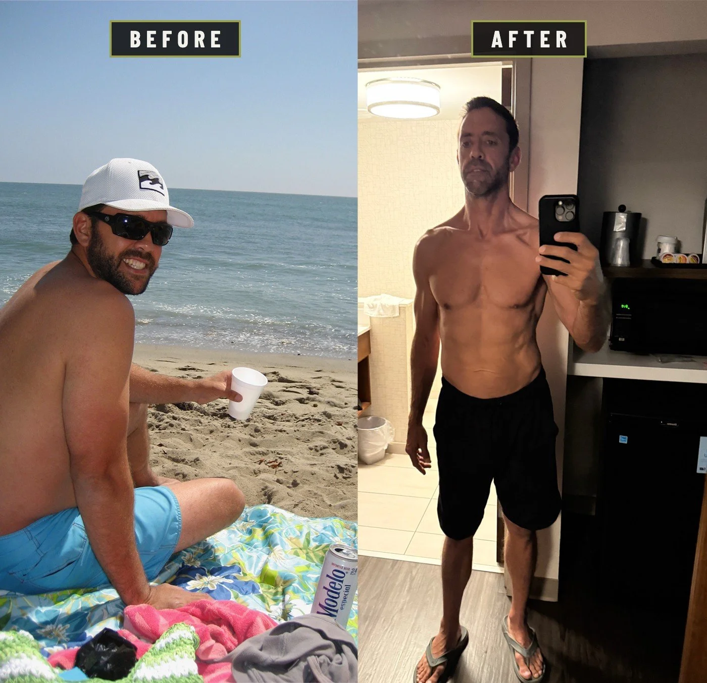 Before-and-after photo of a man at the beach and later posing shirtless in a bathroom mirror with a lean, muscular physique