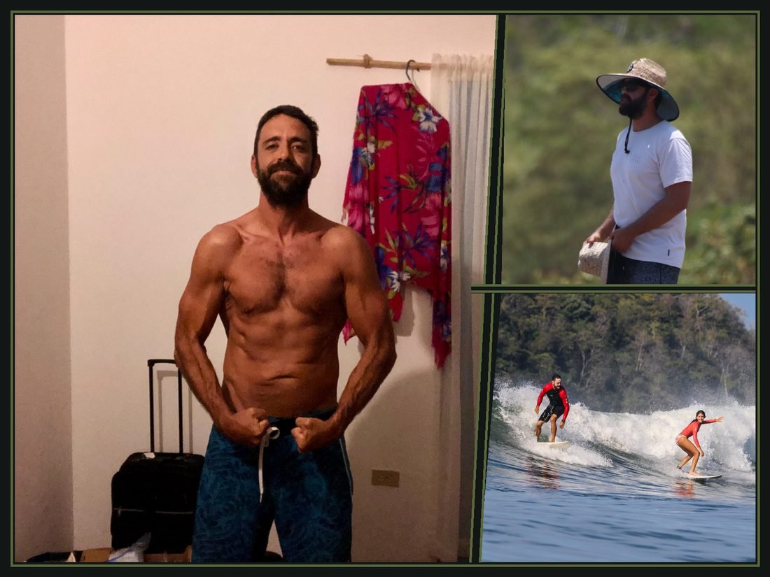 Stuart in 2020 at 173 pounds, coaching on the beach and surfing