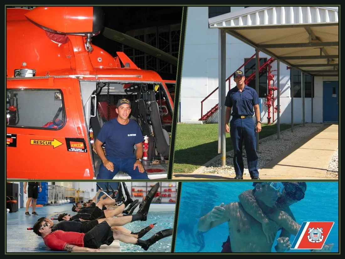 Stuart in the U.S. Coast Guard: with a rescue helicopter, in uniform, and in rescue swimmer training