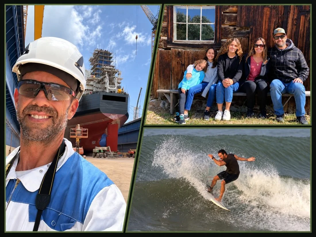 Stuart today: at work in a shipyard, with his family, and surfing