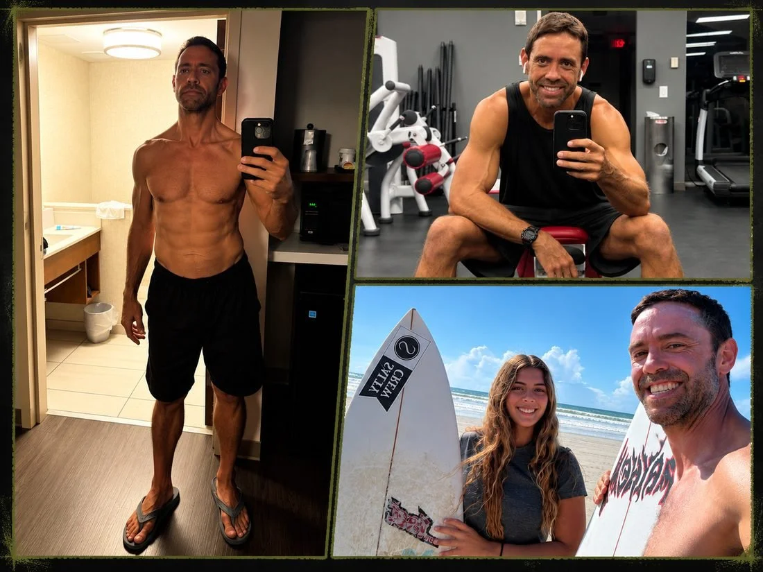 Stuart at age 49 and 165 pounds: mirror photo, at the gym, and surfing with his daughter