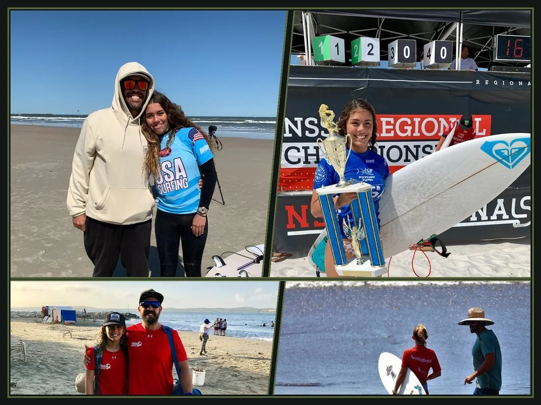 Stuart coaching his daughter at surf competitions, including a regional championship win