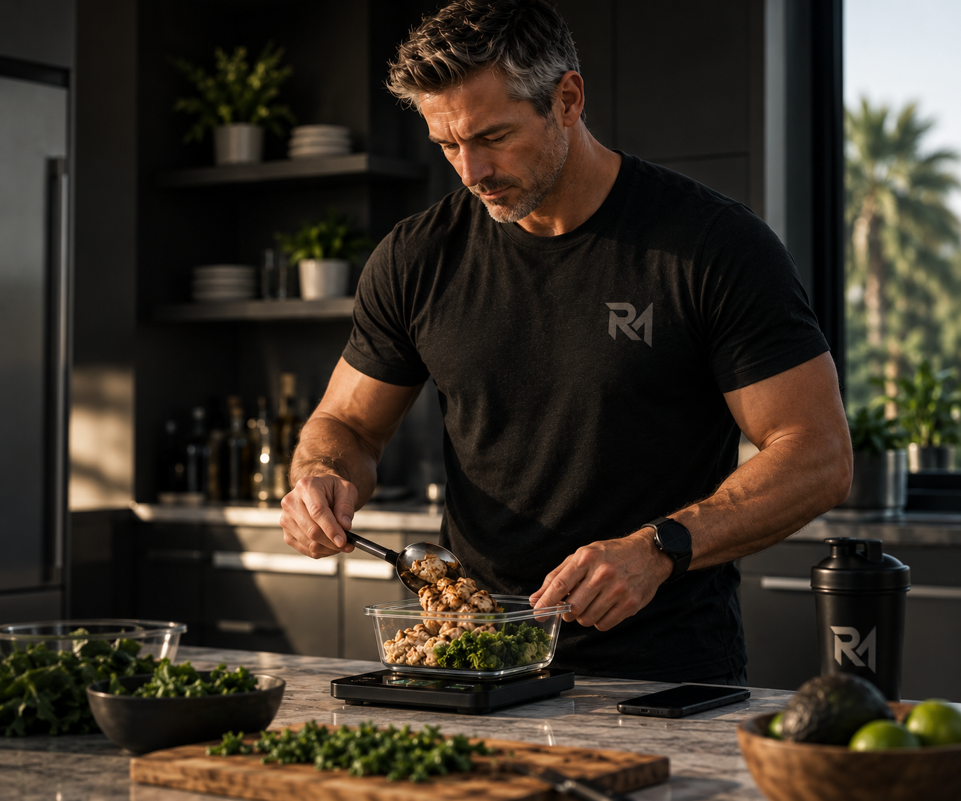 Man weighing food to track nutrition and support sustainable fat loss