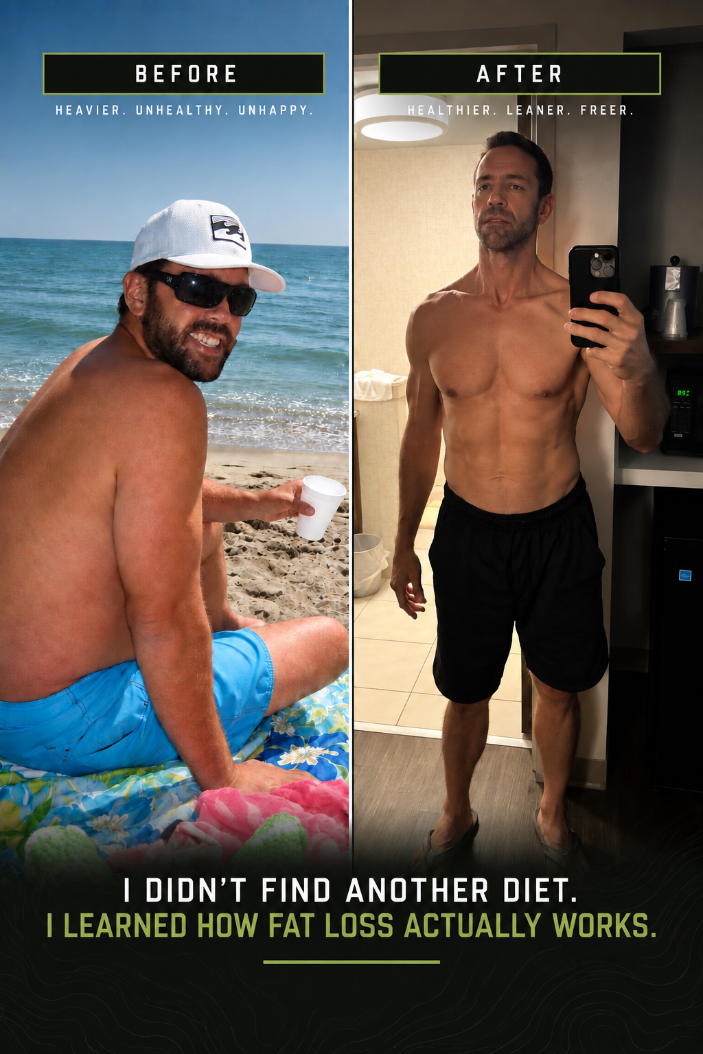 Stuart Goodwin before and after losing body fat and building muscle with the fat loss process behind Reclaimed Men
