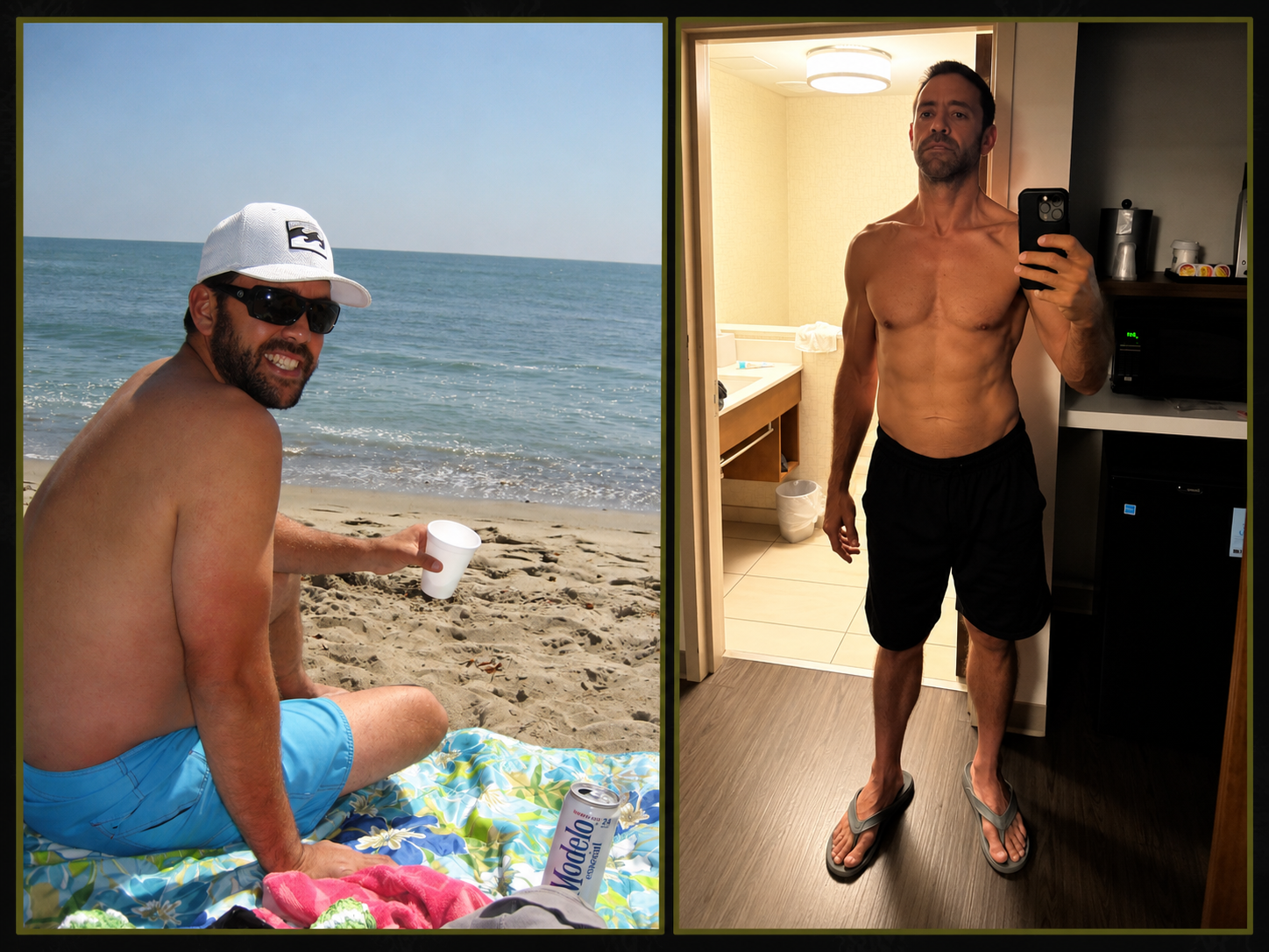 Side-by-side photos of a man at the beach and taking a shirtless mirror selfie indoors
