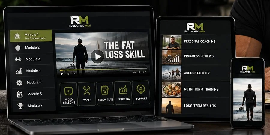 The Reclaimed Men program on laptop, tablet and phone: lessons, progress reviews and coaching