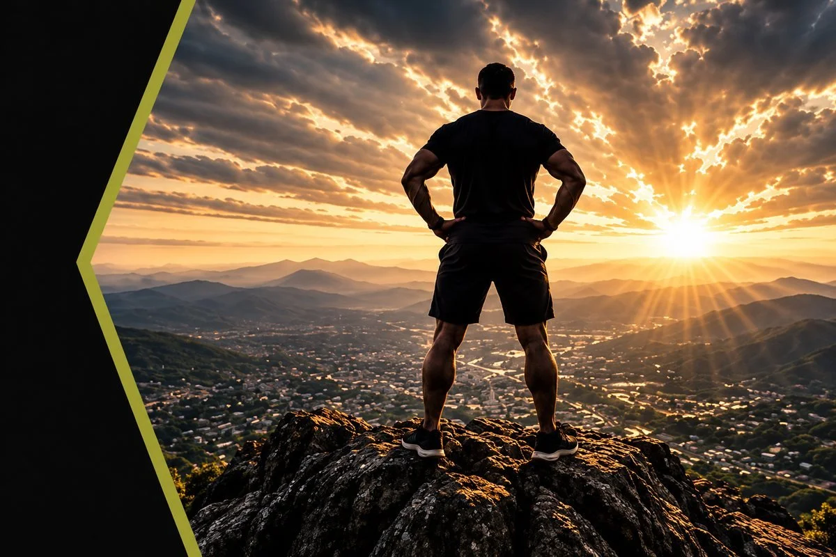 A man standing on a mountain summit at sunrise, hands on hips, looking out over the valley