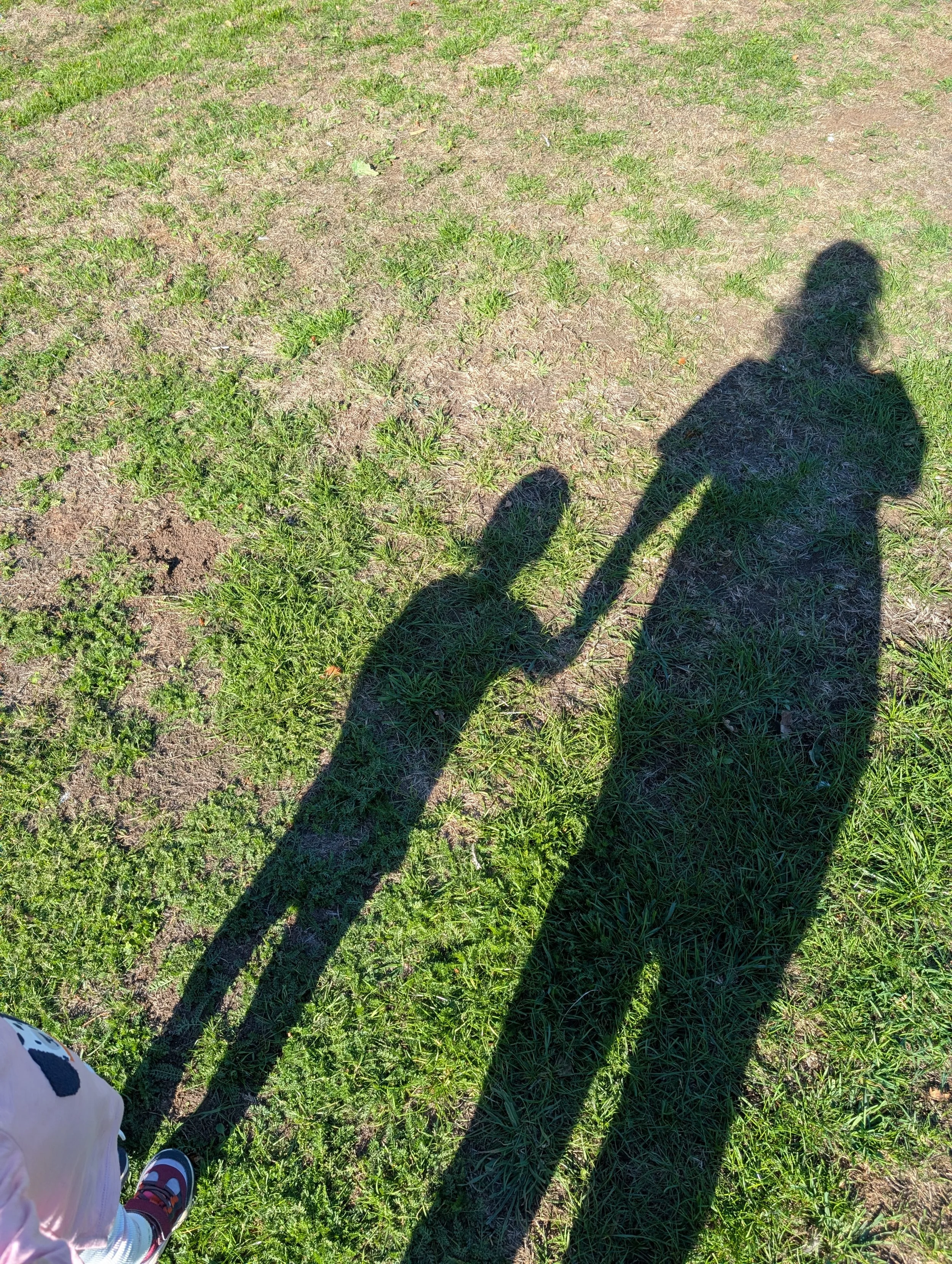 Shadow of an adult and a child holding hands on grass and dirt ground, with part of a child's shoe visible in the bottom left corner.