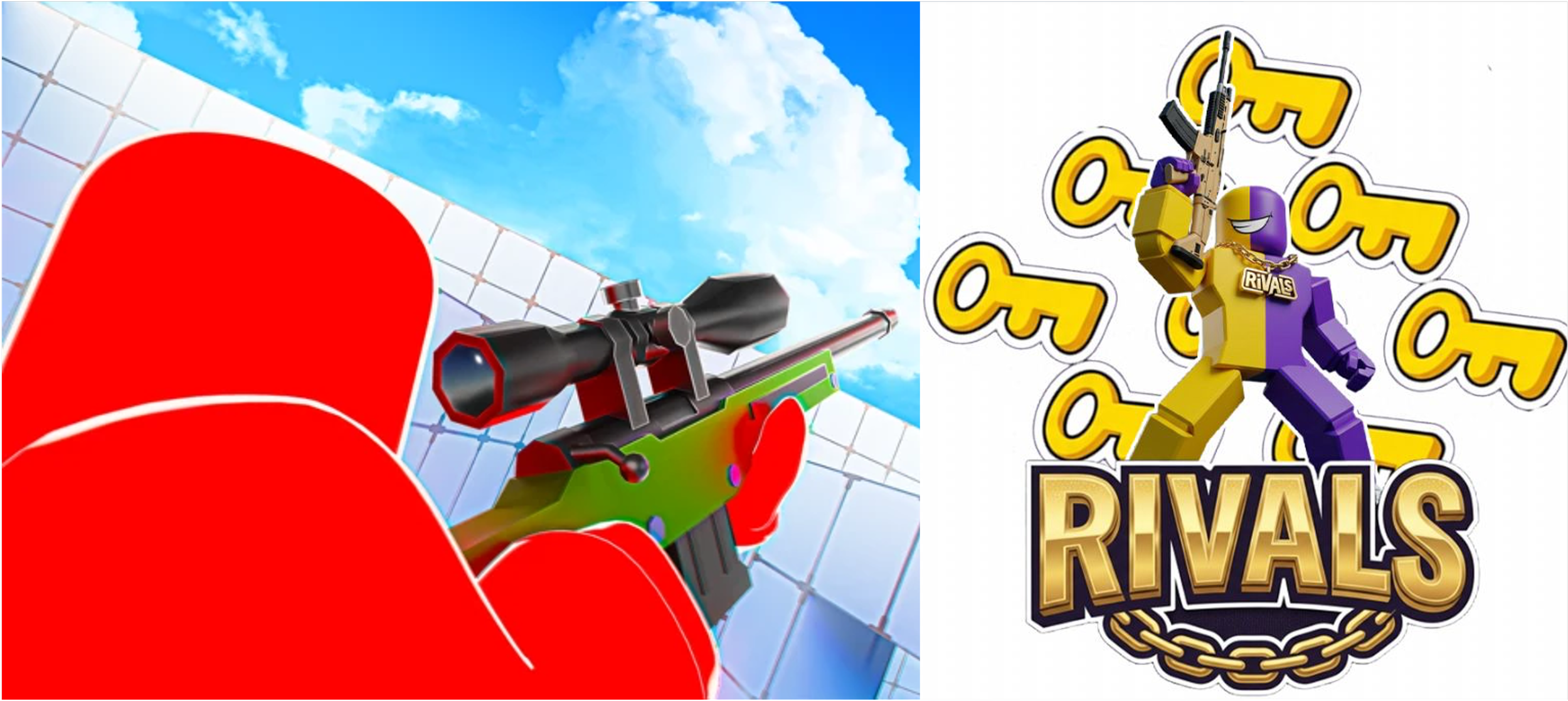 A person holding a green and black sniper rifle with a scope, aiming at a target against a blue sky with clouds. The image contains vivid colors and cartoon style elements.