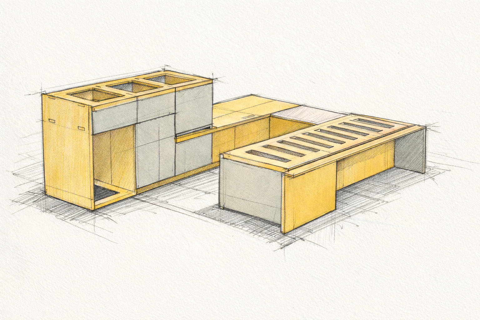 Sketch of a modern modular kitchen with yellow and gray cabinetry, including a tall pantry and a lower island with a cooktop.