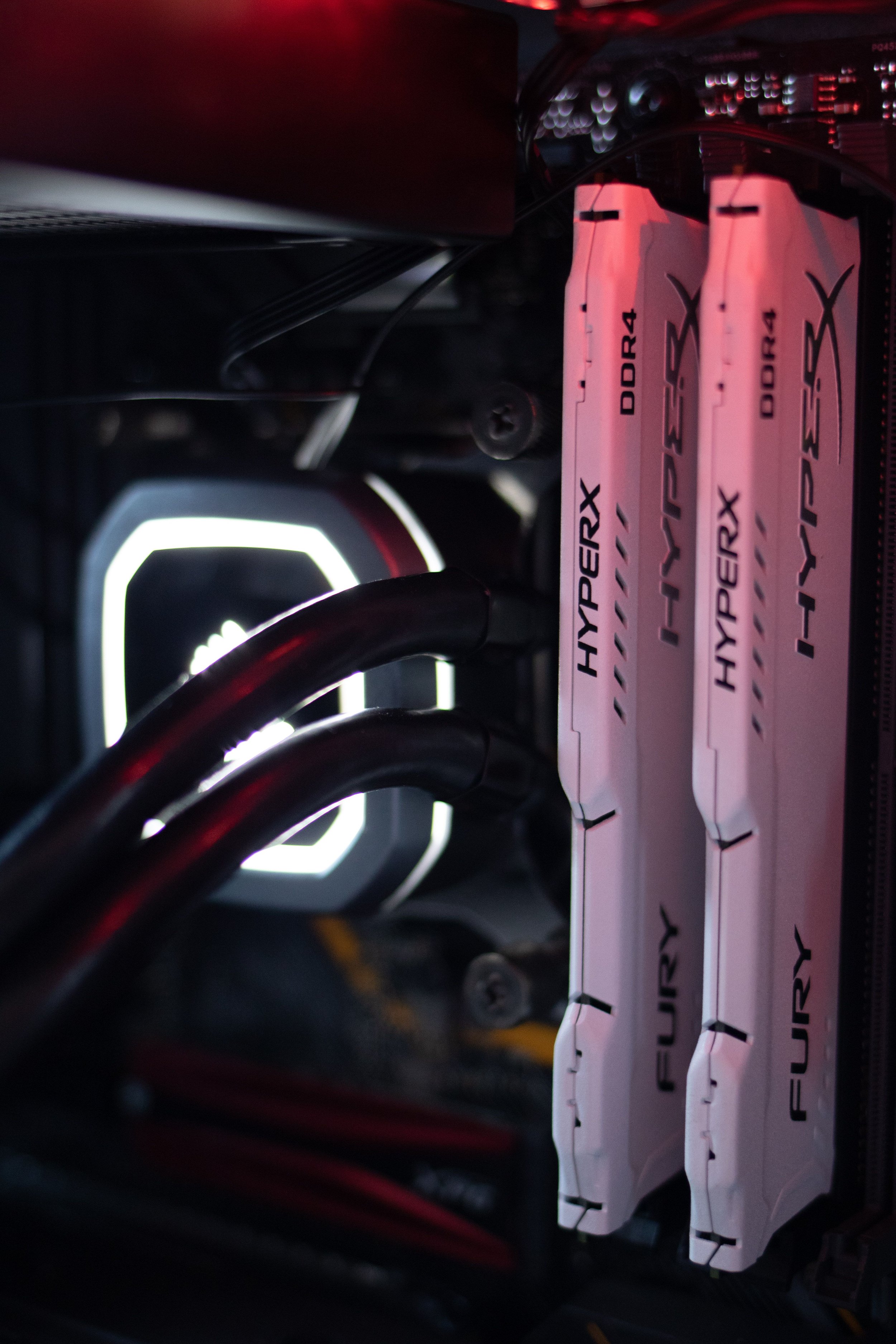 A close-up of computer RAM modules labeled 'HyperX Fury DDR4' installed on a computer motherboard.
