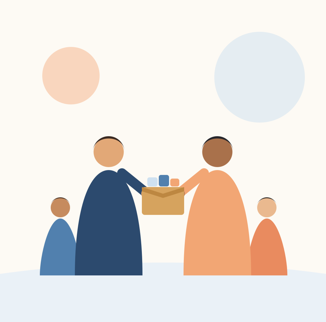 Two adults exchanging a box of colorful items while two children watch, set against a minimalistic background with three faint circles.