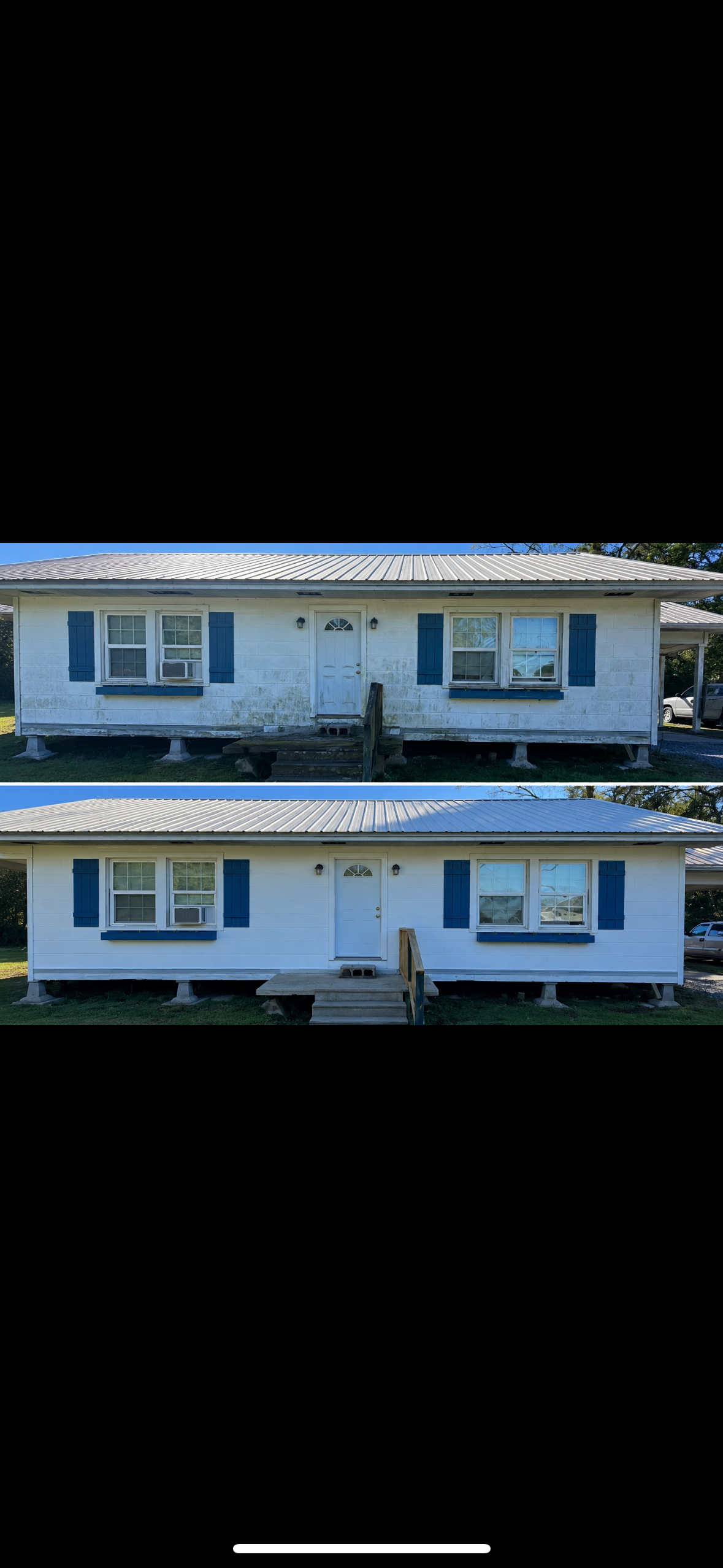 Before and after photos of a house exterior with painted white siding and blue shutters.
