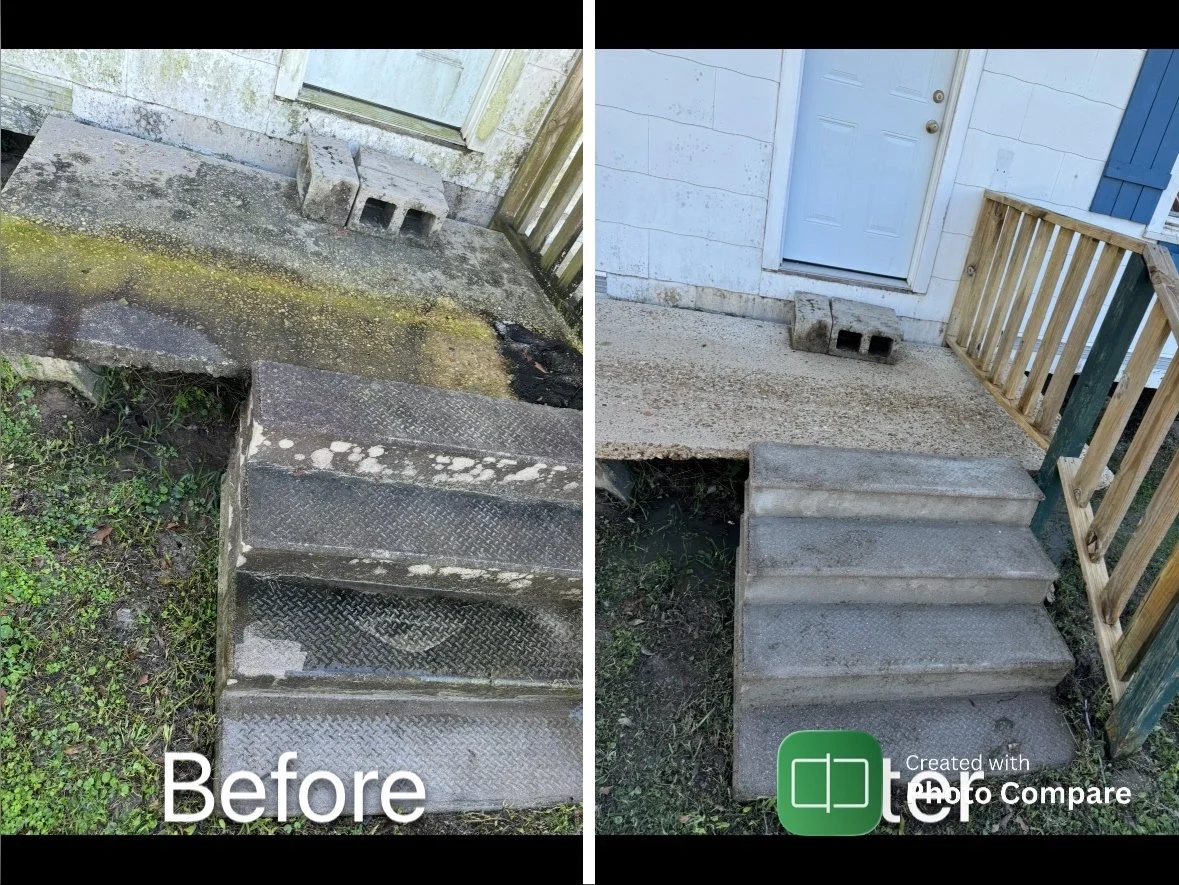 Side-by-side comparison of a small porch with stairs before and after cleaning. The left side shows the porch in dirty, mossy condition with visible grime on the steps. The right side shows the porch after cleaning, with a brighter, cleaner surface a