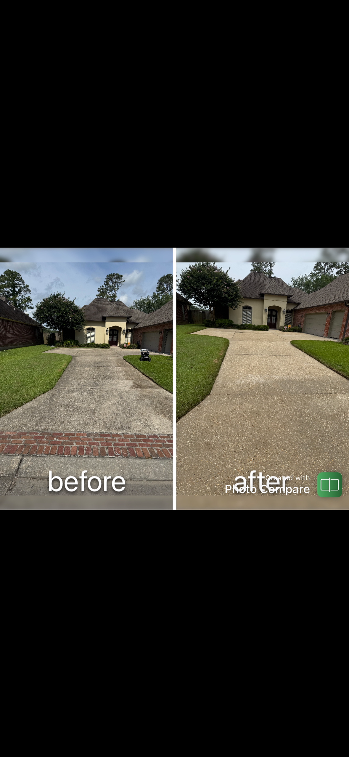 Comparison of a driveway before and after pressure washing. The 'before' side has a dirty, stained surface, while the 'after' side appears clean and bright.