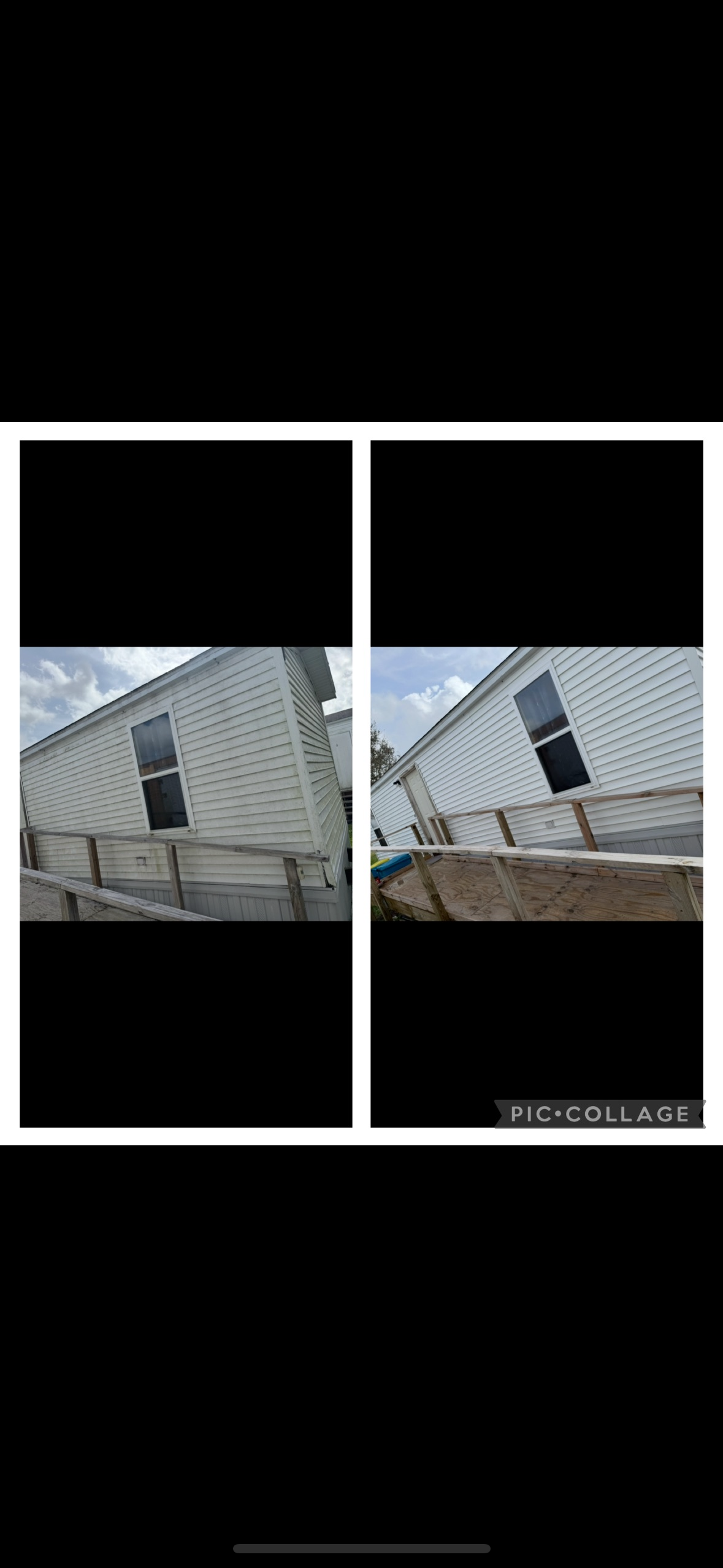 Side view of a mobile home with white siding and a window, with a wooden porch or deck in progress in front of it.
