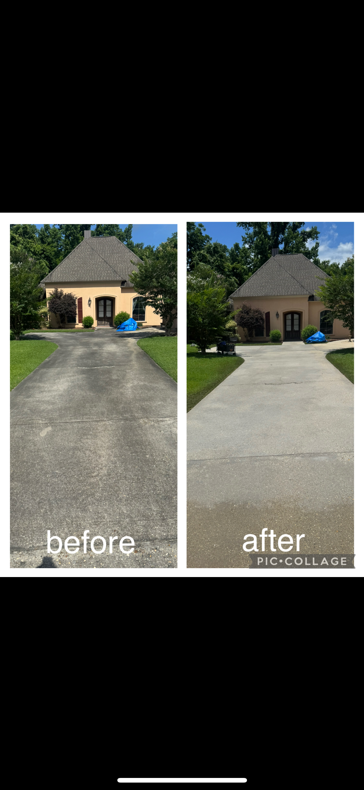 Comparison of a house's driveway before and after cleaning. The 'before' side shows a darker, stained, and weathered concrete driveway. The 'after' side displays a lighter, cleaner, and freshly cleaned driveway with no stains.