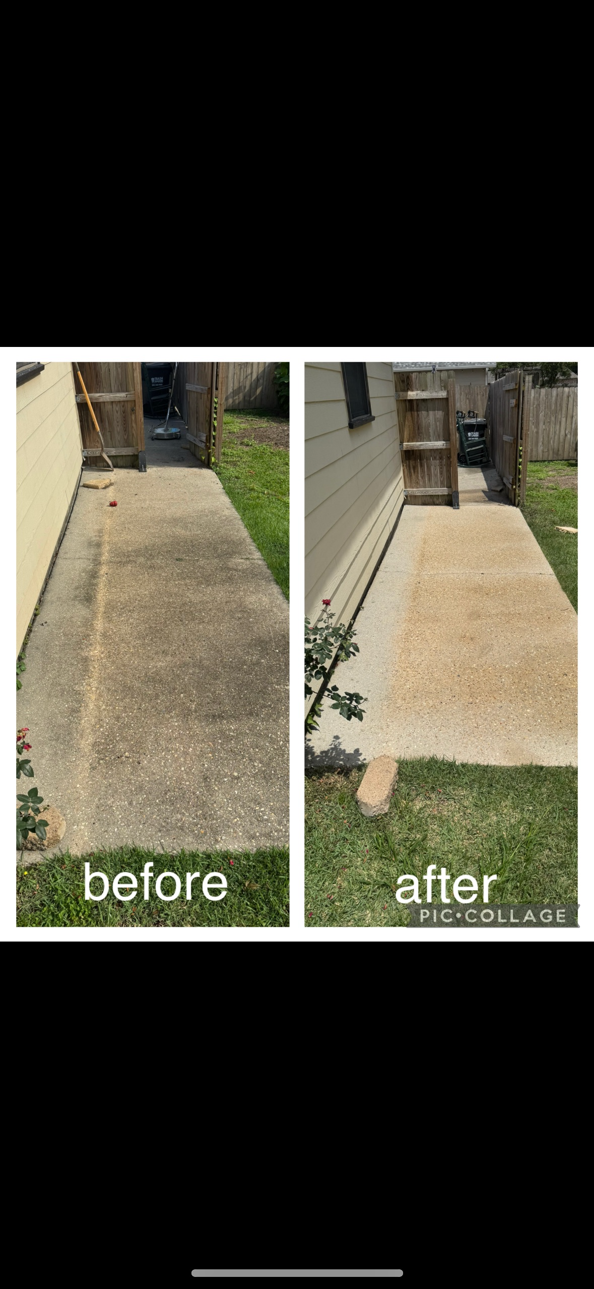 Side-by-side comparison of a backyard concrete patio before and after cleaning and renovation, with the left showing a dirty, stained surface and the right showing a clean, light-colored surface.