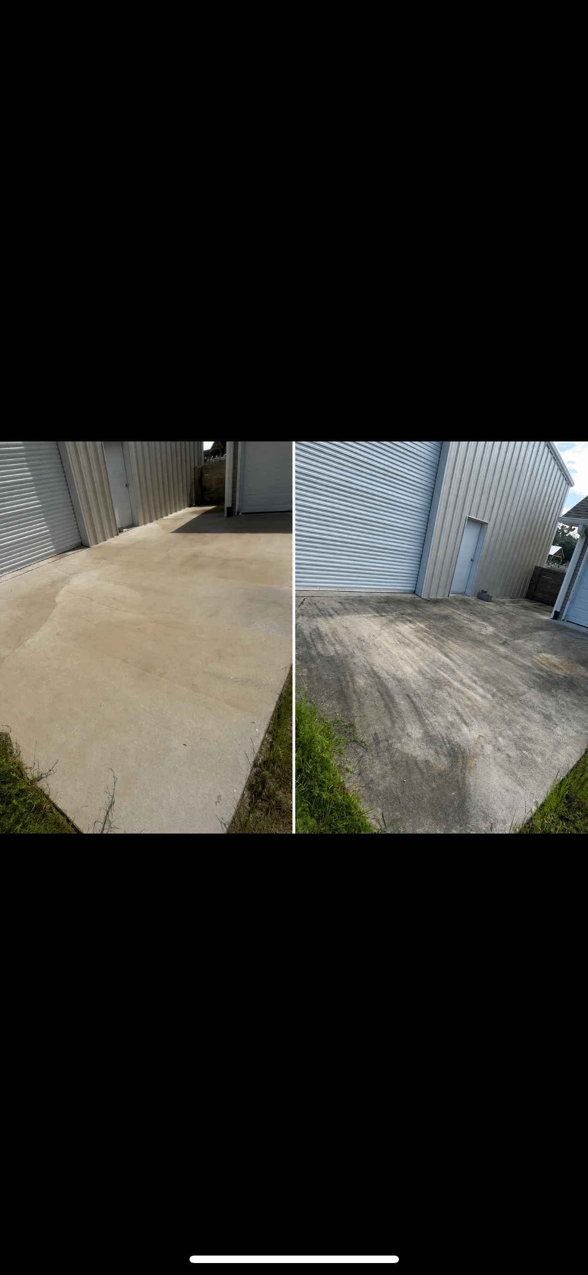 Comparison of two concrete driveways, left one appears freshly poured and smooth, right one looks older with visible dirt and wear.
