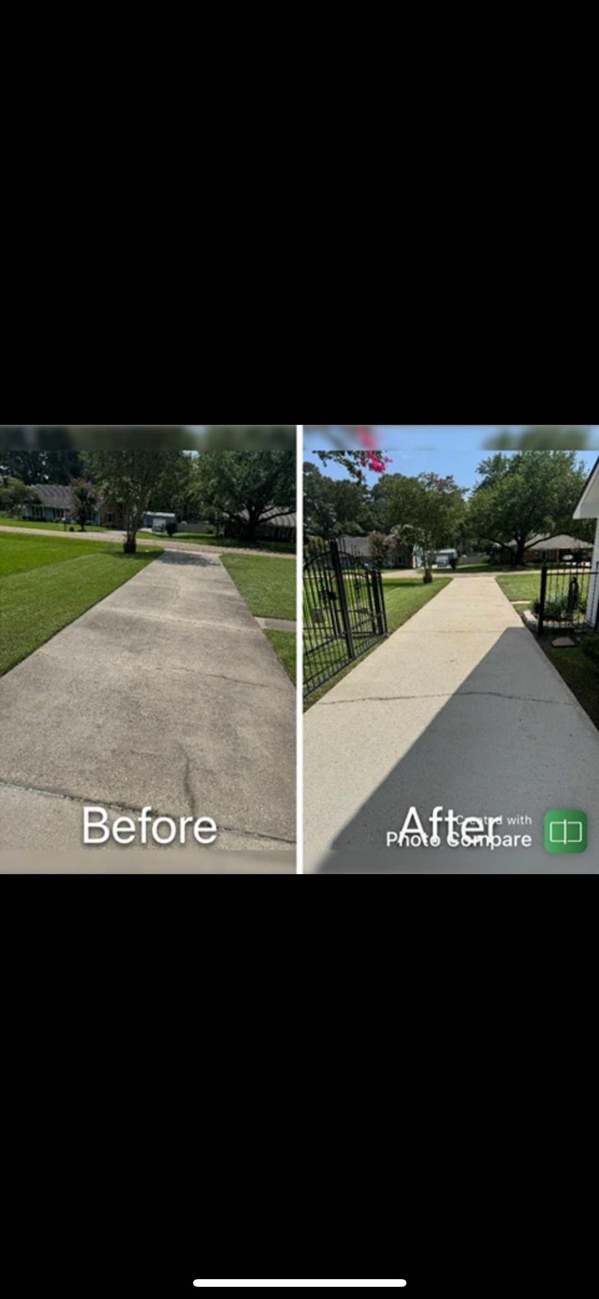Comparison photo showing a concrete sidewalk before and after cleaning. The left side depicts a sidewalk with dirt and stains, while the right side shows a clean and bright sidewalk with a shadow cast over it.
