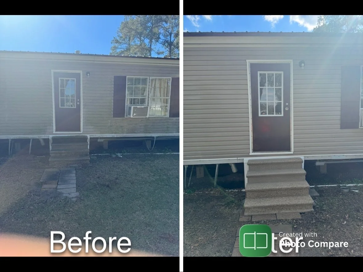 Comparison of the front exterior of a mobile home before and after renovation, showing installation of new steps and siding.