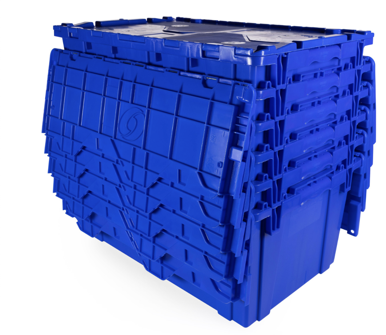 Stack of blue plastic crates, with one crate slightly pulled out.