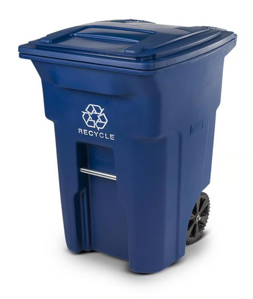 Blue recycling bin with a lid, wheels, and the recycling symbol on the front.
