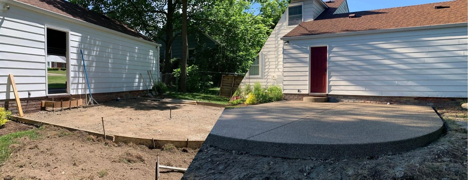 Comparison of a backyard before and after a patio renovation. The left side shows the yard with dirt and construction tools, while the right side shows the completed concrete patio with a red door on a white house.