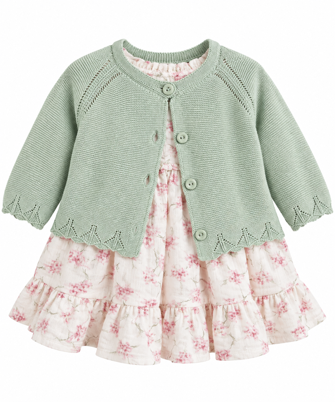 Sage Green Cardigan & Floral Dress Set