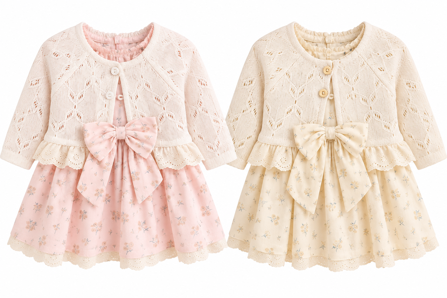 Floral Bow Dress & Knit Cardigan Set