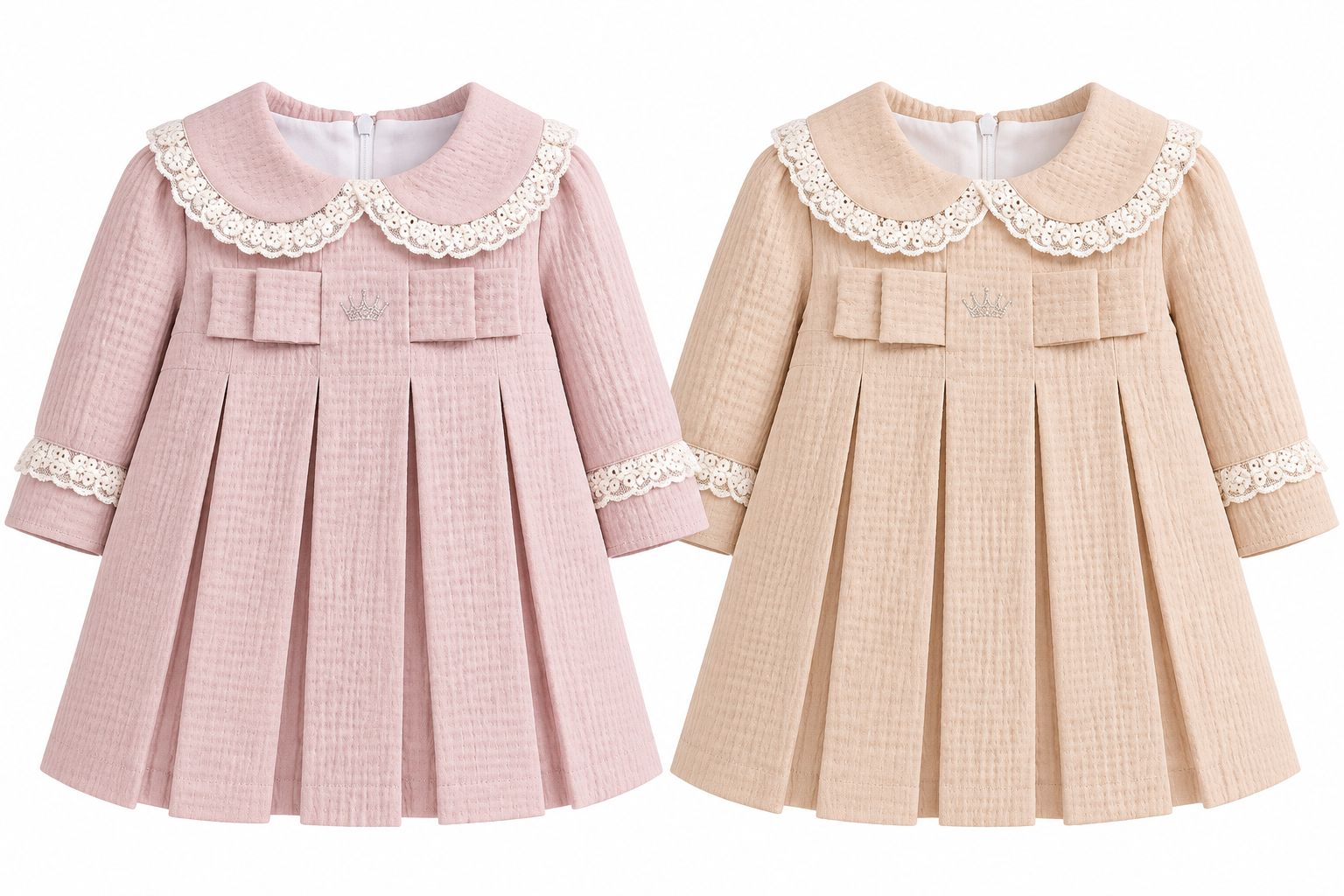Classic Pleated Princess Dress with Lace Collar