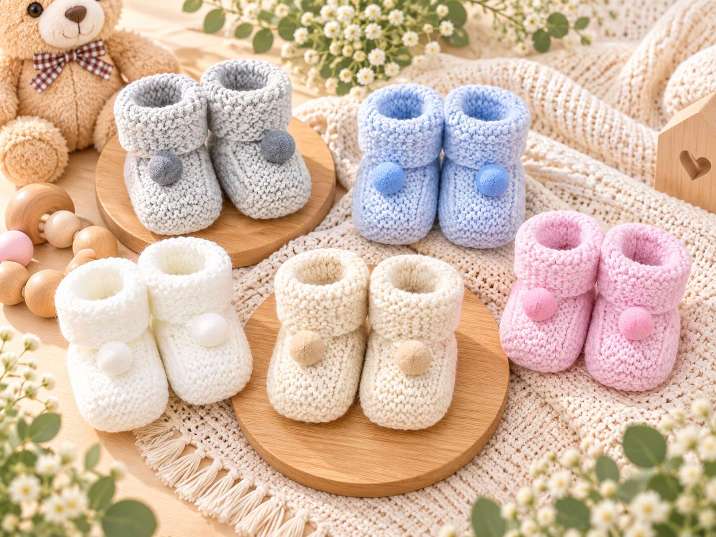 Knitted Pom-Pom Baby Booties