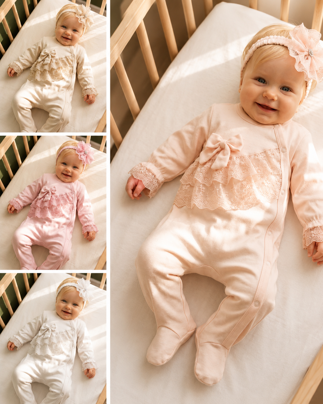 Baby Lace Bow Footed Romper with Headband