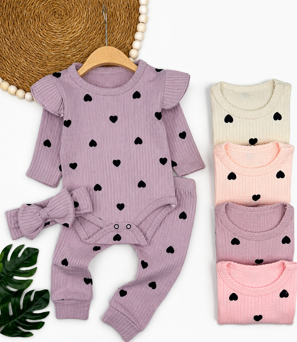 Baby Heart Ribbed 3-Piece Outfit Set