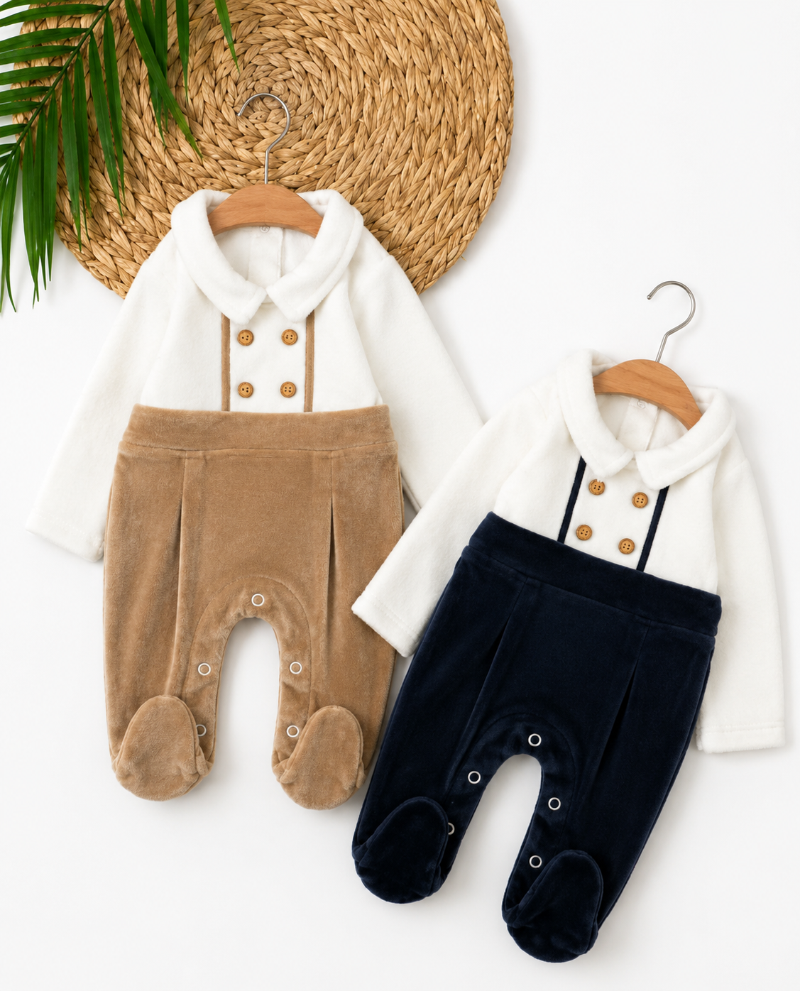Baby Button Detail  Velvet Footed Romper