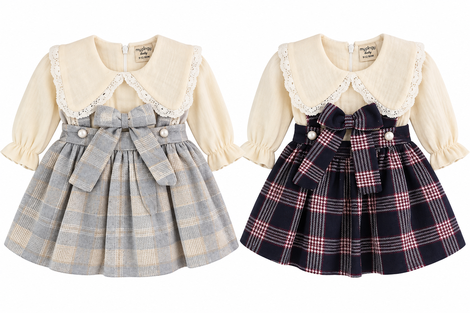Tartan Bow Dress with Lace Collar