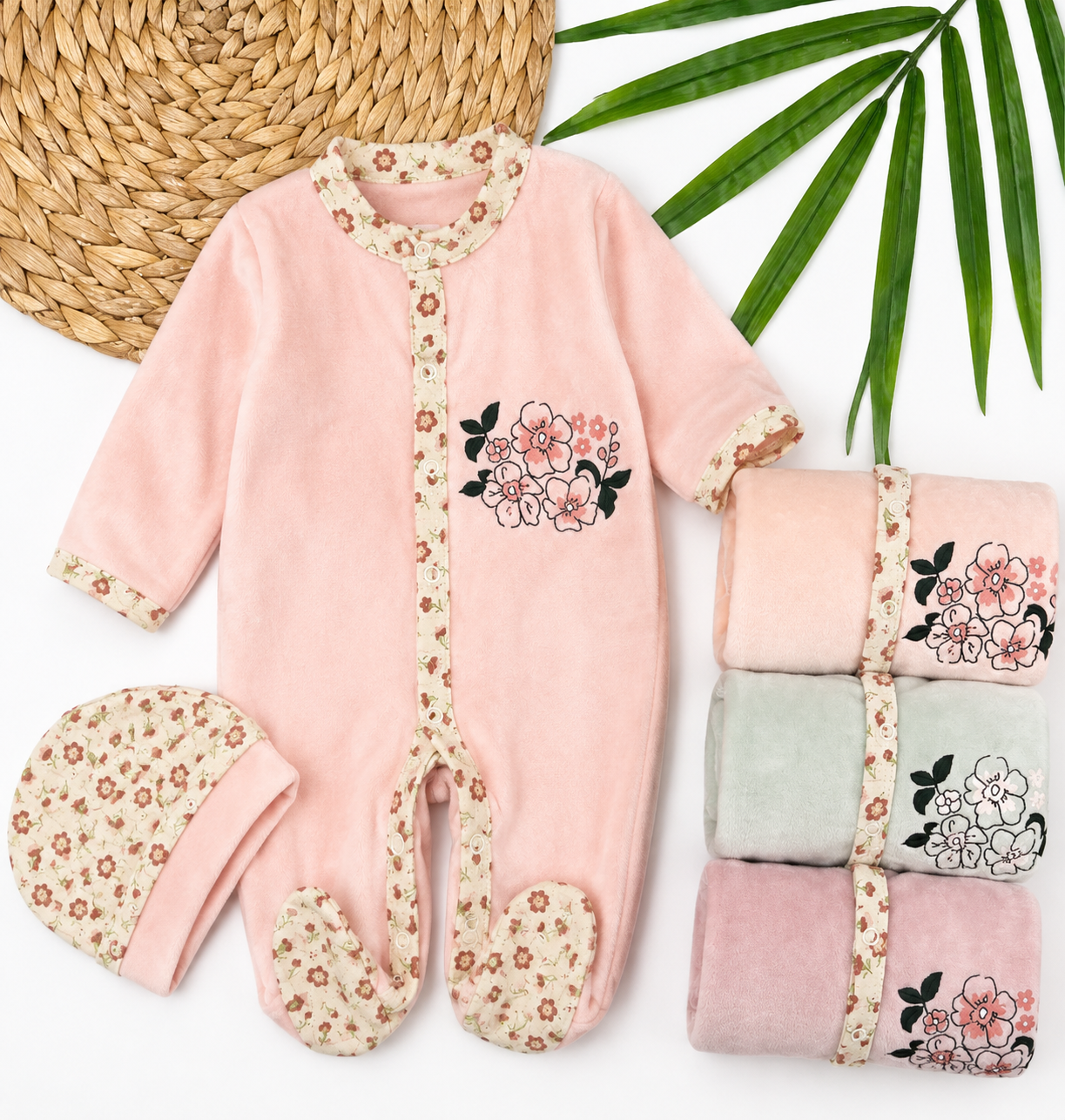 Baby Floral Print Velvet Romper with Hat