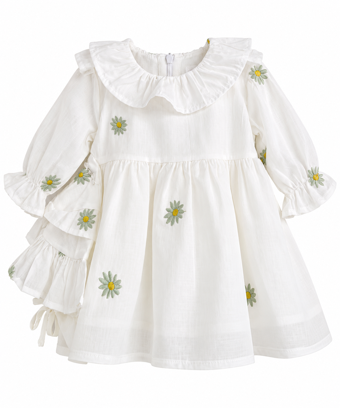 White Daisy Embroidered Ruffle Dress