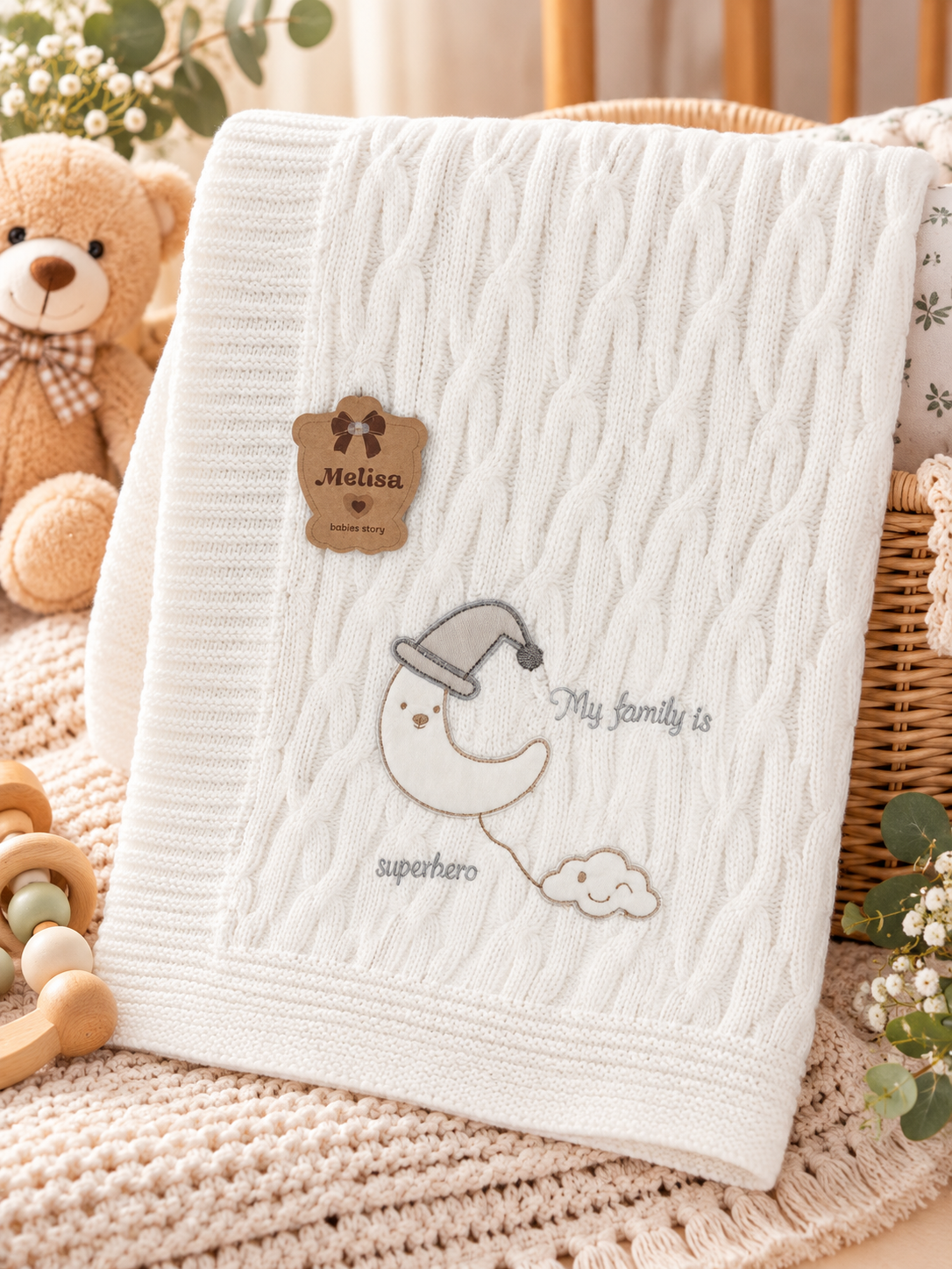 White Cable Knit Baby Blanket – Moon & Cloud