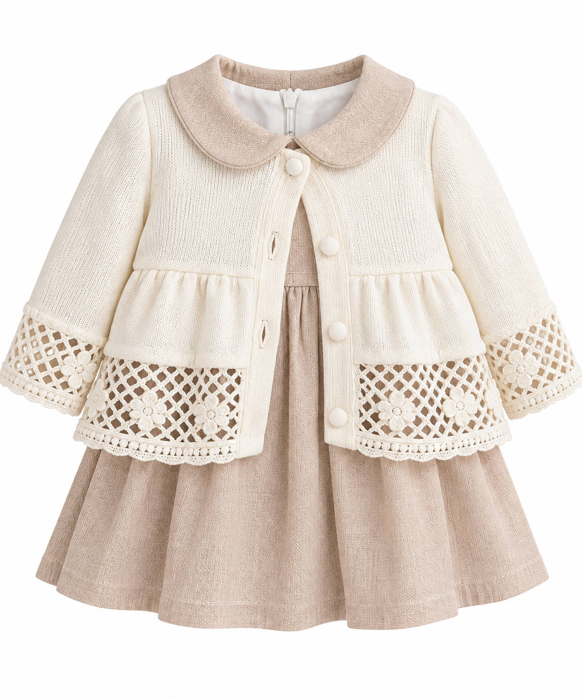 Cream & Taupe Lace Trim Dress Set
