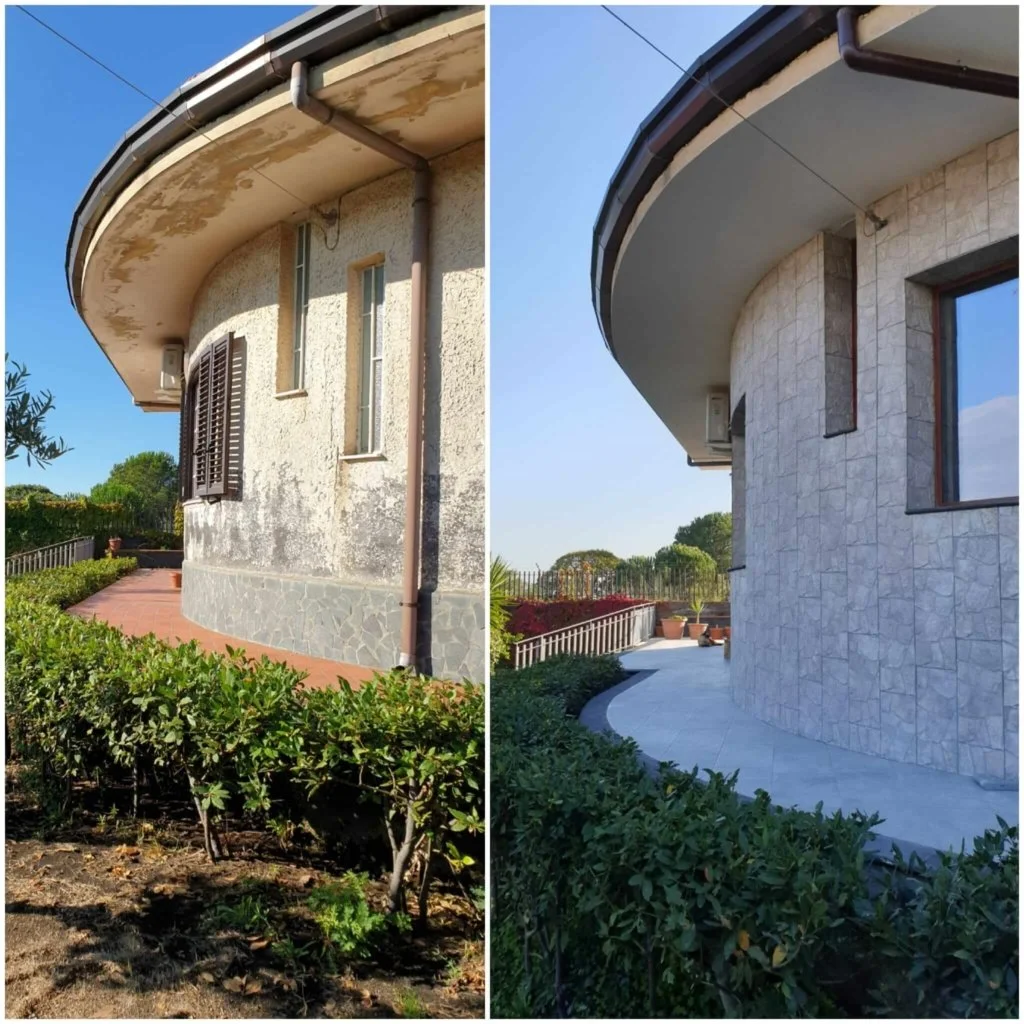 Immagine comparativa di un edificio: a sinistra, facciata esterna con vernice deteriorata e finestre con persiane di legno, a destra, facciata rinnovata con rivestimento in pietra e una superficie di cemento senza danni.