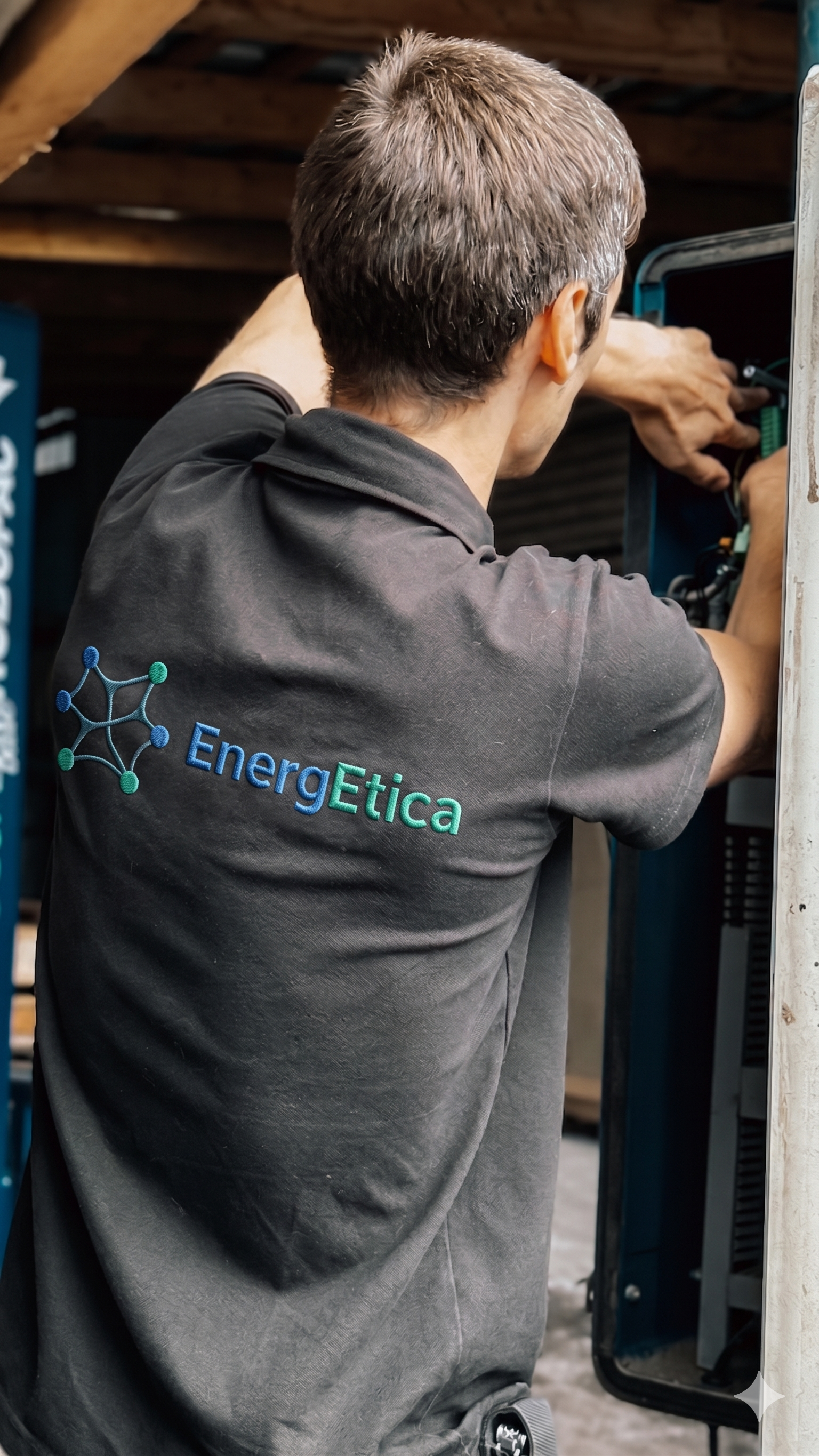 Persona al lavoro con abbigliamento nero con logo 'EnergEtica' sulla schiena, che lavora su una macchina o un pannello elettronico in un ambiente industriale o di servizio.
