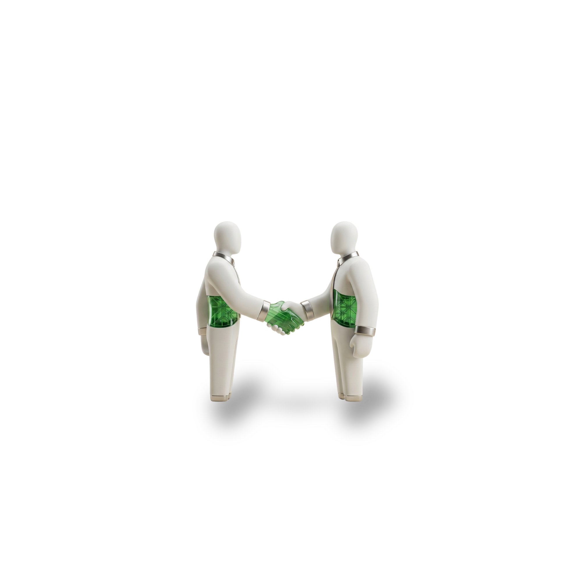 Due persone con dettagli verdi si stringono le mani in un gesto simbolico di collaborazione.