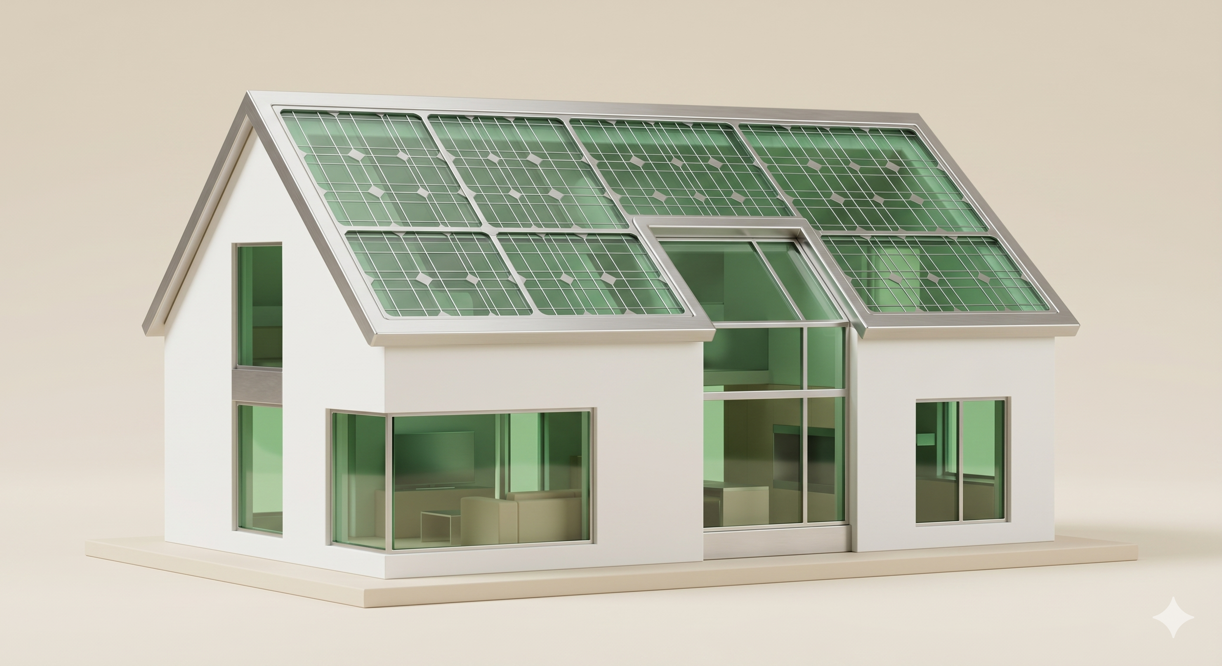Modello di una casa moderna con pannelli solari sul tetto.