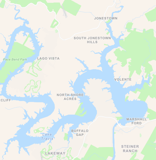 Map showing lakes and neighborhoods in a suburban area, including Lake Travis, Lago Vista, North Shore Acres, Buffalo Gap, and other neighborhoods.