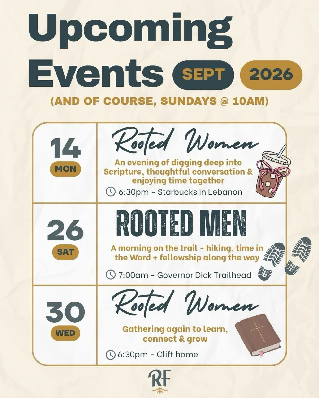 September at Rooted Faith // Pull up a chair, hit the trail, open the Word, grab a coffee &amp; grow alongside one another this month.