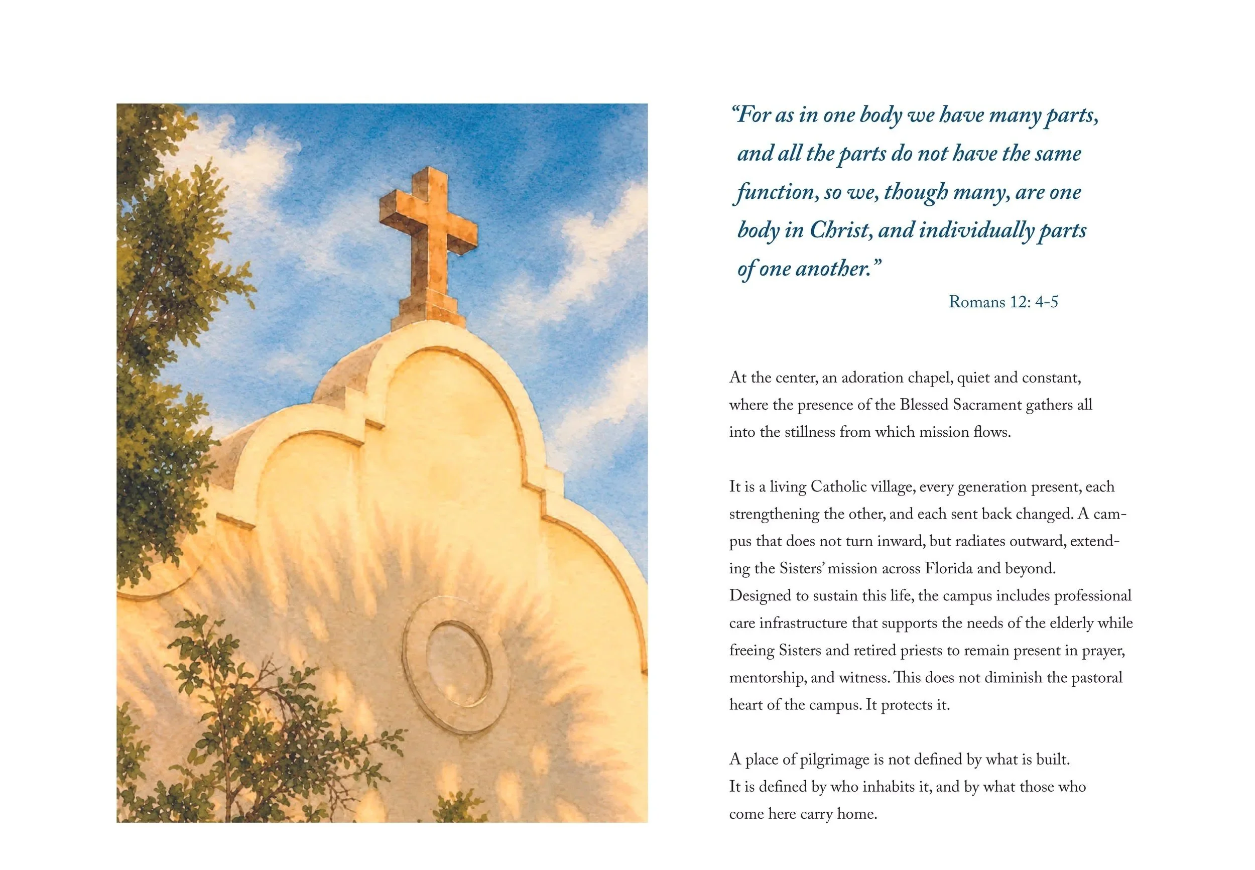Watercolor illustration of a church steeple with a cross, blue sky with clouds, and greenery in the foreground.