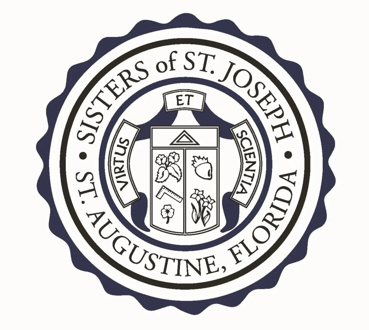 Seal of St. Joseph's Sisters of St. Joseph, Augustine, Florida, with a shield containing floral and agricultural symbols.